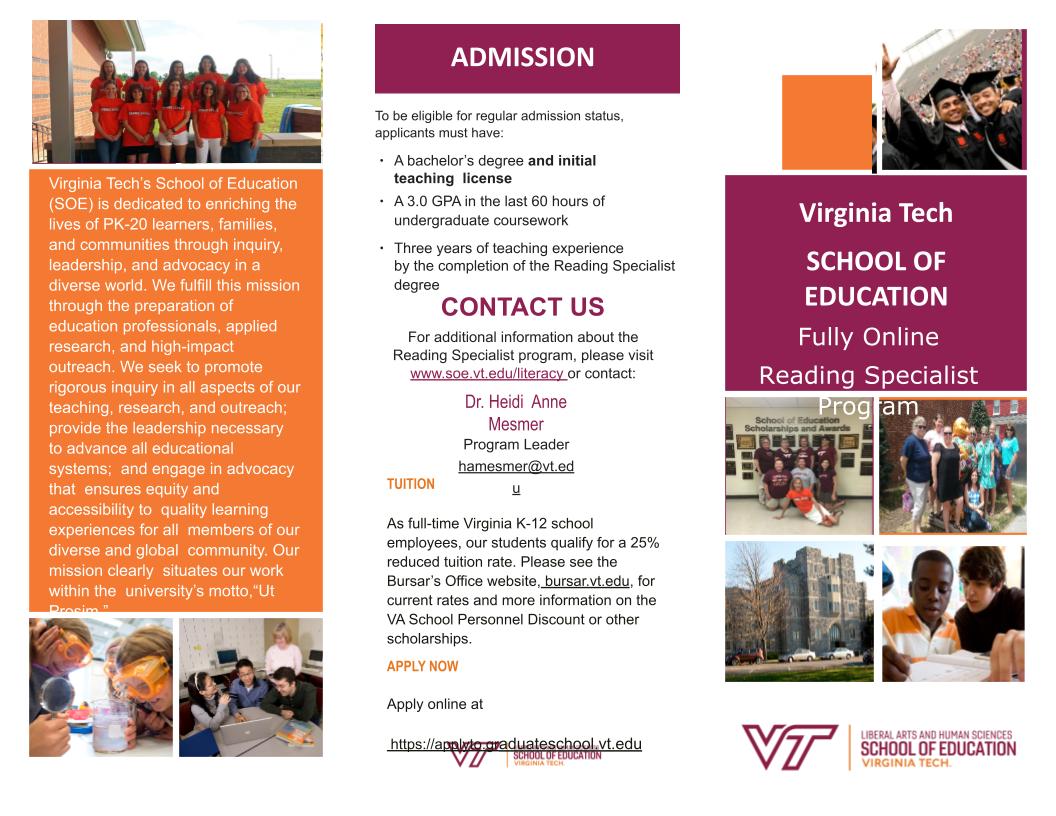 Virginia Tech's Reading Specialist Degree. Online courses, 5 semesters. New faculty! New courses! Info session March 24., 4:30-5:30. Contact hamesmer@vt.edu. 

liberalarts.vt.edu/academics/grad…