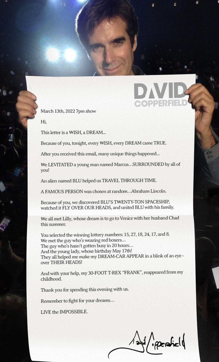 David Copperfield is amazing! I believe in Magic and the impossible IS possible @D_Copperfield