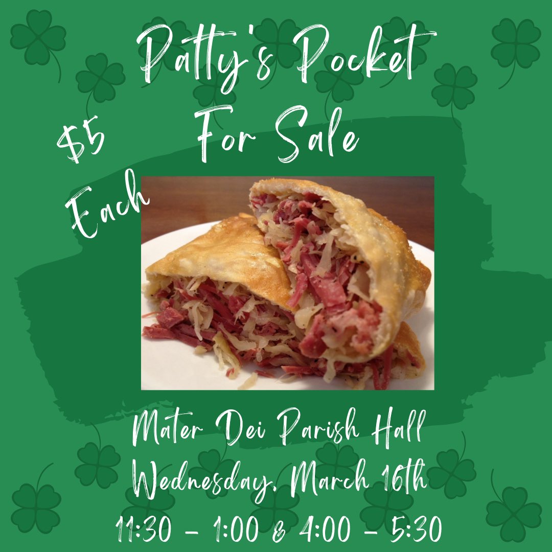 TopekaIrishFest's tweet photo. Fresh Patty’s Pockets for sale, Wednesday, March 16th at Mater Dei Parish Hall!  1114 SW 10th St.  $5 each! Just in time for your St. Patrick’s Day celebration! ☘️ https://t.co/KwXADItxta