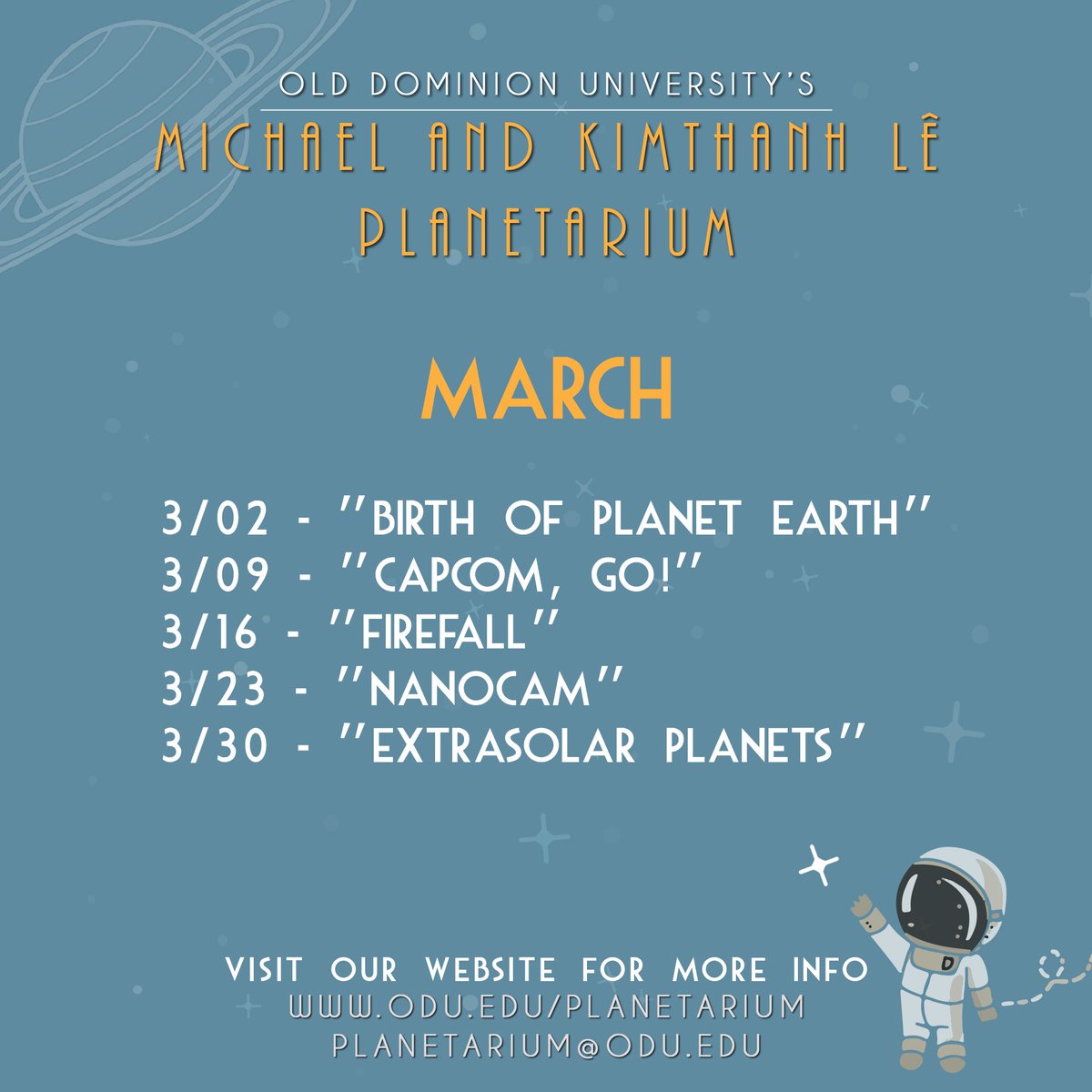 Join your host, Professor Justin Mason, for an interesting dive into outer space at the Michael and Kimathanh Le Planetarium. 

Tickets are $3 per each. Cash, credit, or debit accepted at the door. Seating is first come-first serve. 

#olddominionuniversity #omicrondeltakappa