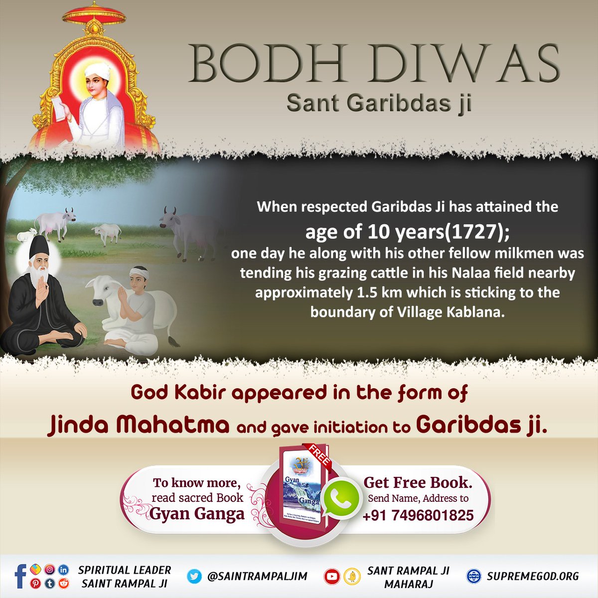 #GodMorningMonday 
Sant Garibdas ji's realization day
On Falgun Sudi Dwadashi in the year 1727, Sant Garibdas ji received a sermon, the evidence of which is found in Kabir Sagar. The twelfth sect is the Garibdas Panth.
To watch live program watch Sant Rampal Ji Maharaj Youtube Ch