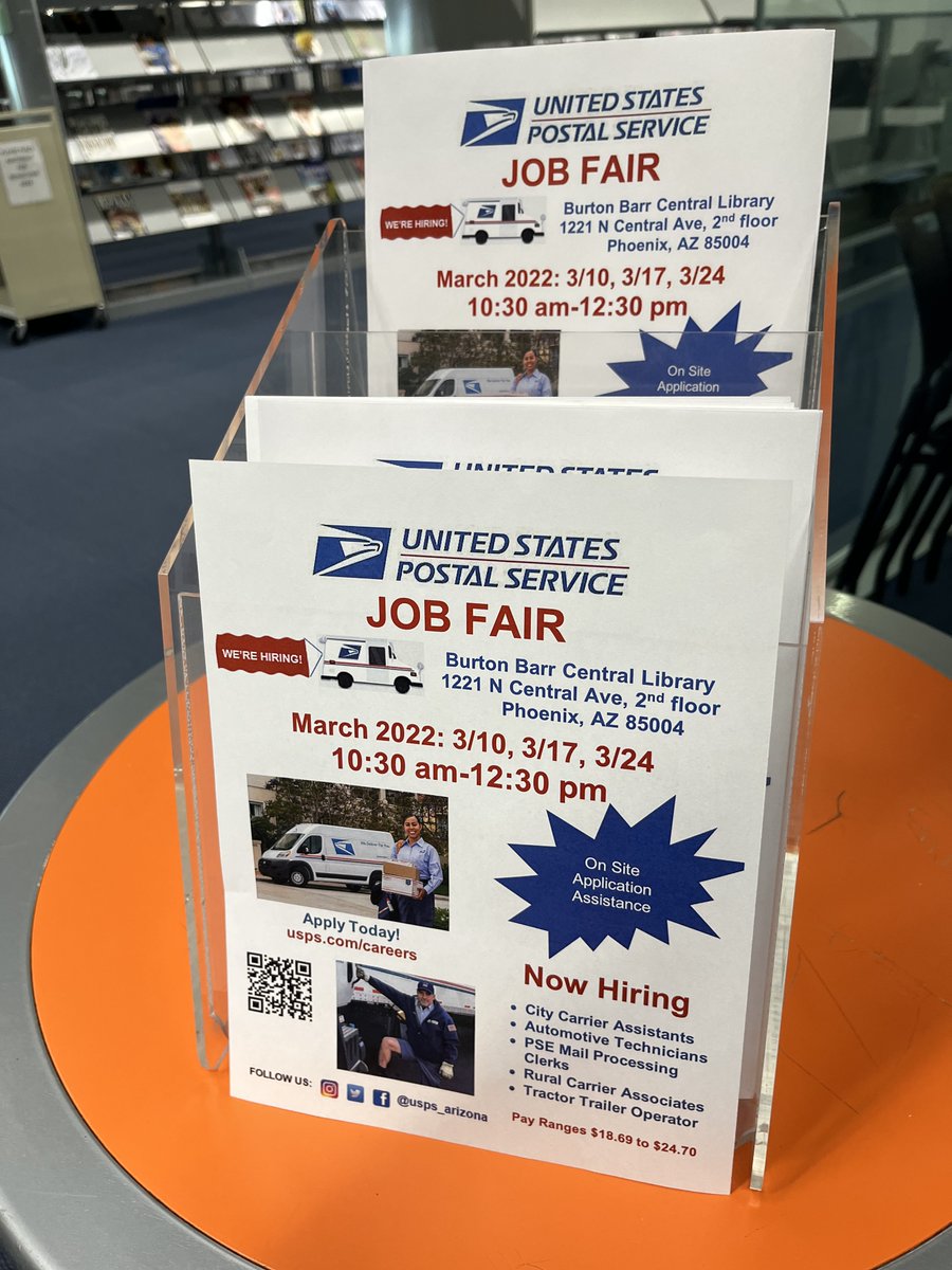 PhxLibrary's tweet photo. USPS is hiring! π¬ Join us for a Job Fair 10:30 am - 12:30 pm THURS, 3/17 @ #BurtonBarrCentralLibrary. USPS will be onsite on the 2nd floor #PHXWorks Room to provide application assistance. Come & find a new career! Ages 18 & up. Learn more: https://t.co/99Y0AcOnjH #USPS #Jobs https://t.co/gCue4T6NTA