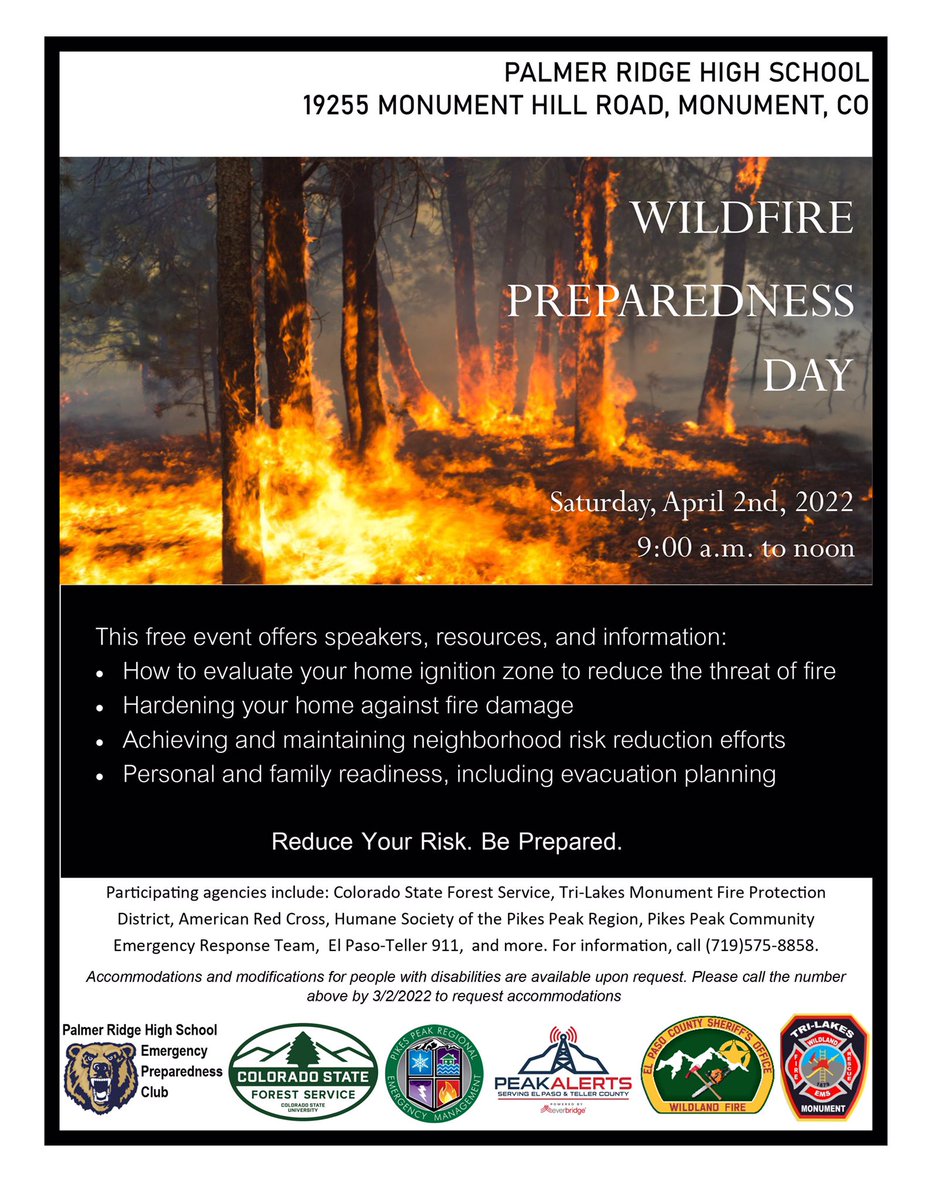 PalmerLakeFD's tweet photo. The Palmer Ridge High School and their Community Emergency Response Team (CERT) club, in cooperation with the El Paso County Office of Emergency Management will be hosting a wildland fire preparedness event on Saturday, April 2, from 9AM to noon. https://t.co/KiEft5Nm22
