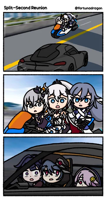 bronya goes for a ride with kiana and fu hua

#HonkaiImpact3rd #崩坏3rd
#kiana #bronya #fuhua #mei #raven 