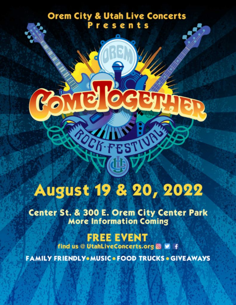 utahlcf's tweet photo. We're bringing it back! The "Come Together" rock festival in Orem will return on August 19th and 20th. Mark your calendars for a weekend of great music, family fun, and two full nights of entertainment! 
#OremUtah #ComeTogether #CT22 #localmusic https://t.co/ei4vxhf91n