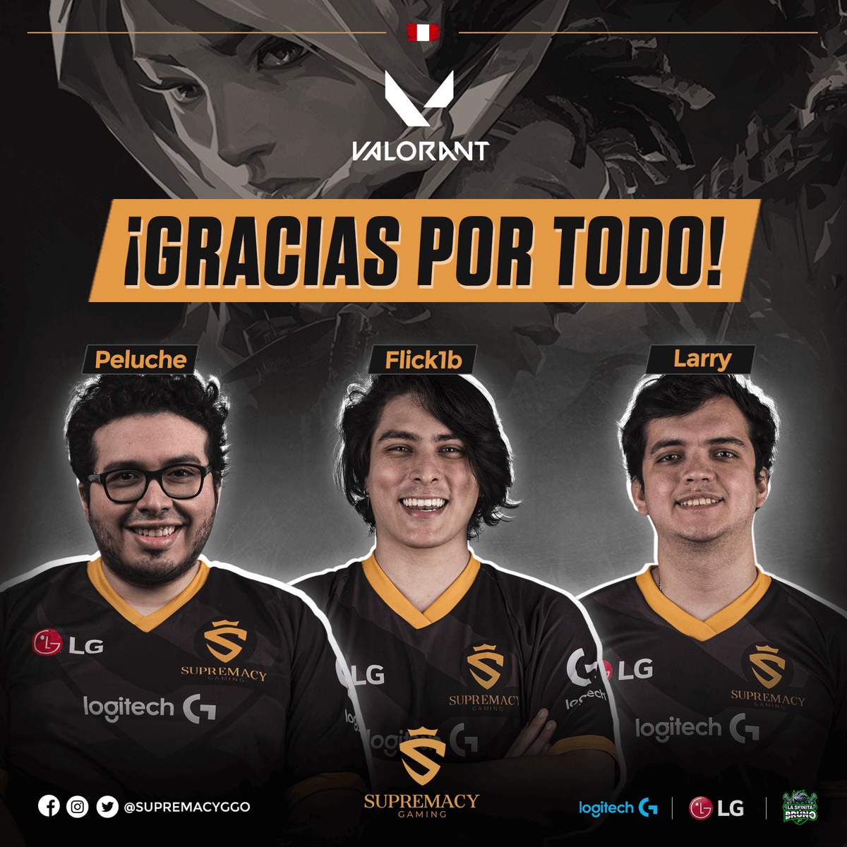 supremacyggo's tweet photo. Suprem@s 👑:

Queremos comunicarles que @l4rrygg  @PelucheViolento  y @flick1b  dejan de pertenecer al roster principal de nuestra escuadra de VALORANT.
Así mismo, queremos agradecerles por el tiempo y profesionalismo que entregaron durante este tiempo.  ¡Les deseamos lo mejor! https://t.co/8GzJA8zICs