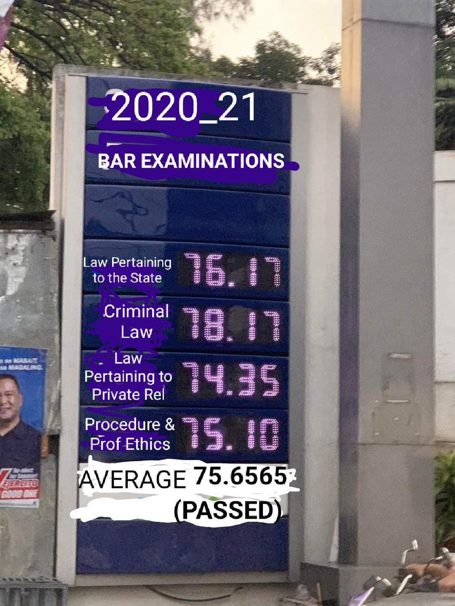 virg0789's tweet photo. Ganito raw po iaannounce ang result ng 2020_21 Bar Examinations kaya sa mga nag-take ng Bar, mamili na raw kayo ng iaasign na gas station sa inyo. 

Pro Tip : Dun kayo sa mahal para mas mataas ang grade. https://t.co/cACkujRXb1