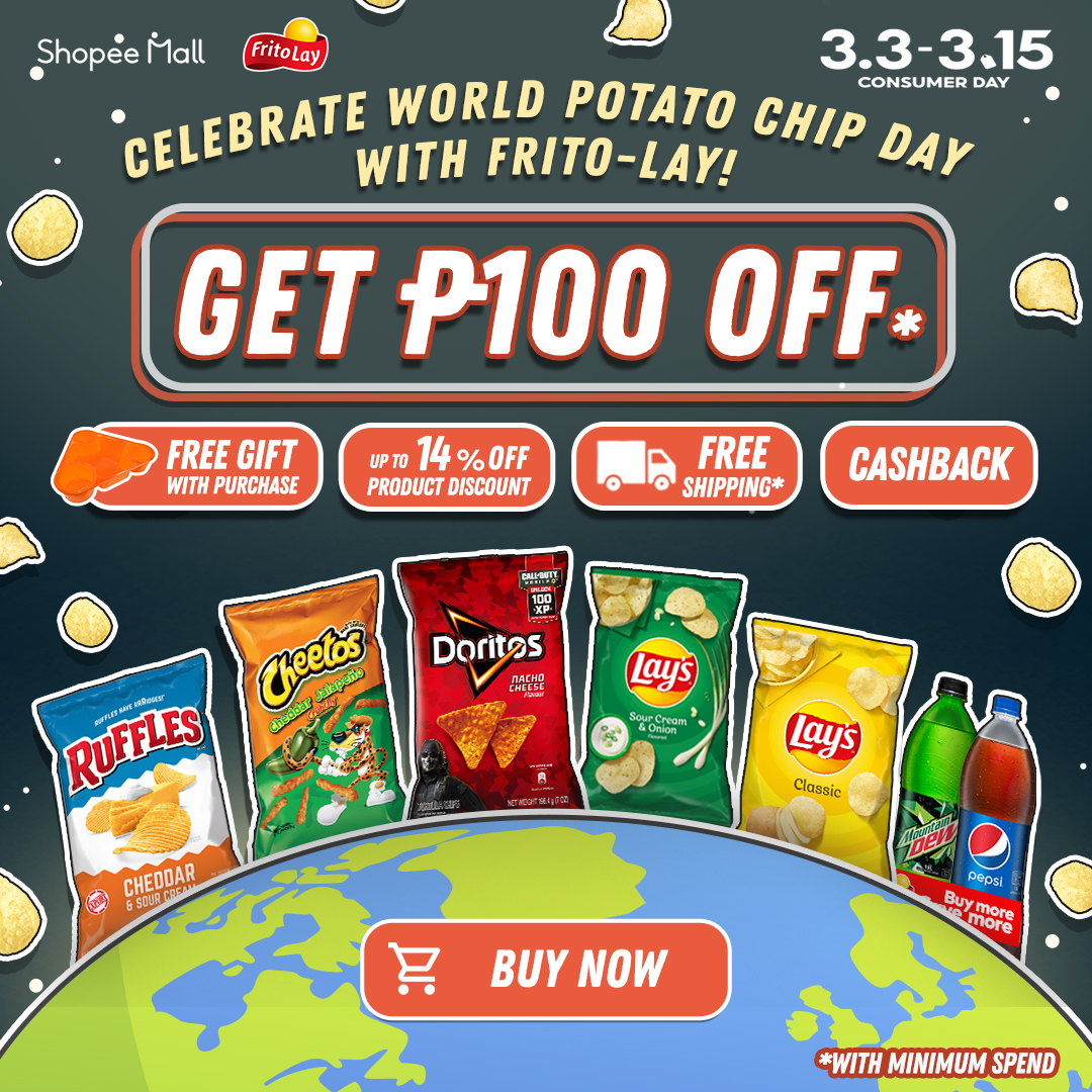 Binge on your favorite Frito-Lay snacks and Pepsi drinks this World Potato Chip Day to get ₱100 off! Visit Shopee today and stock up now! Promo runs today only! Buy Now: bit.ly/3pT8oEs 🛒