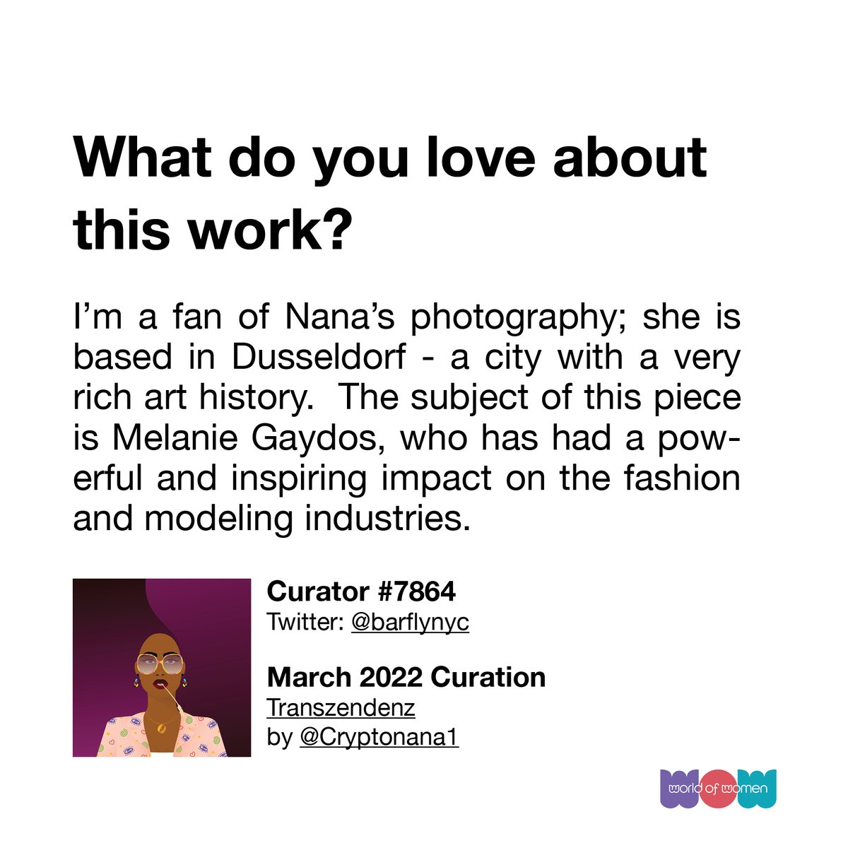 worldofwomenxyz's tweet photo. 🖼 WoWFund March curation 🖼

We placed a bid on "Transzendenz" by @Cryptonana1 🇩🇪, curated by @barflynyc

This is a portrait of Melanie Gaydos, a model with a genetic disorders. "Melanie challenges the fashion industry and highlights the importance of diversity in it" 🙌 https://t.co/SyM6LxFq1L