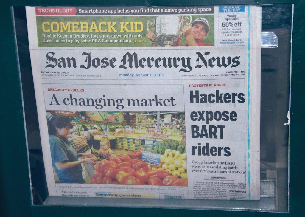 tigerbeat's tweet photo. Some of the #opbart front pages in August 2011. @FreeCommanderX_  “allegedly played a role in a distributed denial of service attack.. [after] a @SFBART police officer fatally shot a homeless person”  By @andpicon @sfchronicle https://t.co/b97sILXsf1 #sfbart #Anonymous https://t.co/zB0V0VbIee