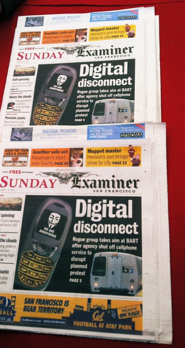 tigerbeat's tweet photo. Some of the #opbart front pages in August 2011. @FreeCommanderX_  “allegedly played a role in a distributed denial of service attack.. [after] a @SFBART police officer fatally shot a homeless person”  By @andpicon @sfchronicle https://t.co/b97sILXsf1 #sfbart #Anonymous https://t.co/zB0V0VbIee