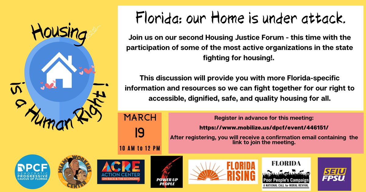 ProgressiveFL's tweet photo. Housing is a human right. The cost of housing in Florida is shooting up at an unprecedented rate with far fewer units available than needed. Be part of the solution. Join us.
Mar 19, 2022, at 10:00 AM Eastern Time
Register in advance for this meeting:
https://t.co/bDvoidyp9Y https://t.co/9DYILdQ7AN