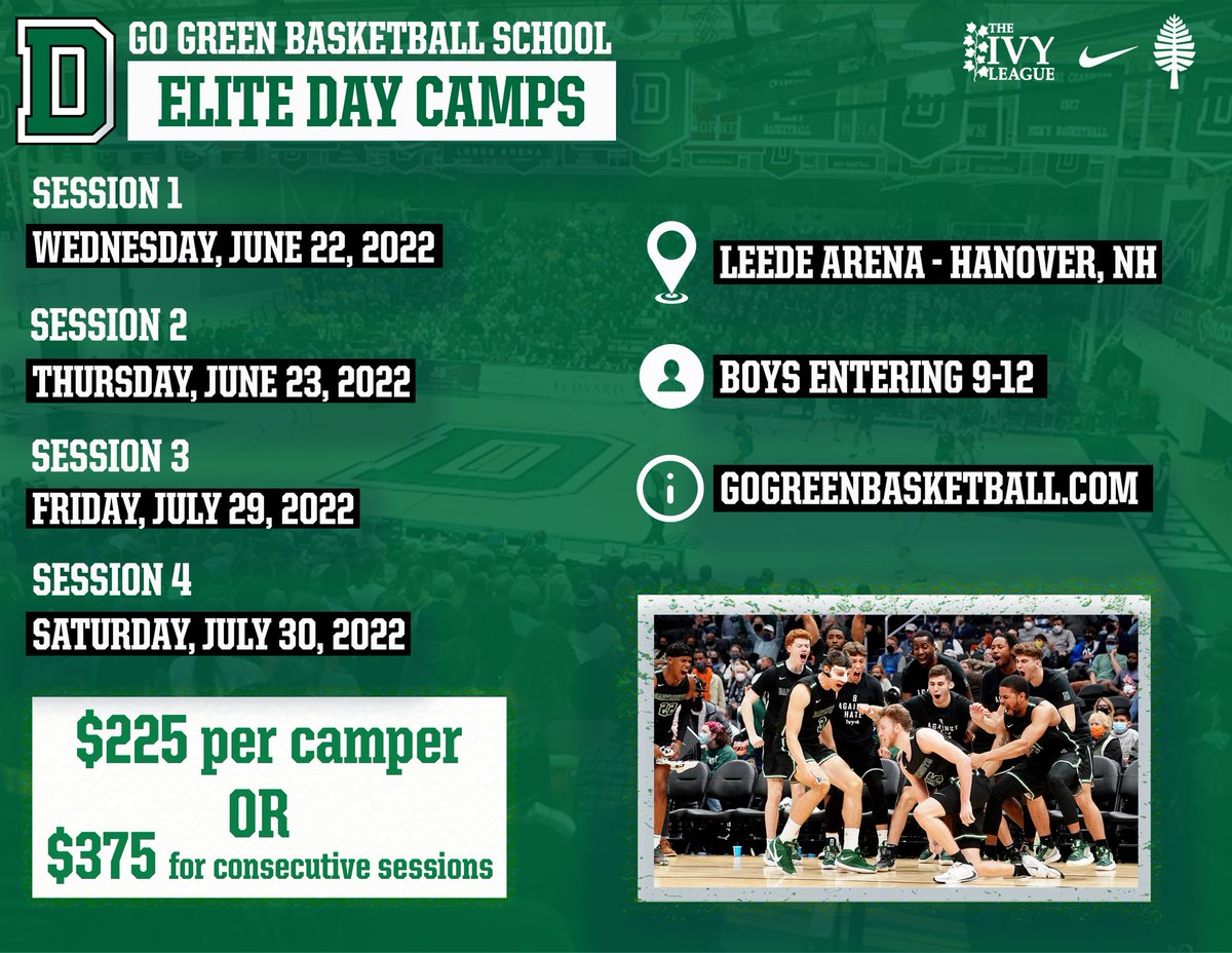 DartmouthMBB's tweet photo. Mark your calendars! 📅
Elite Camp is BACK! 🏀
Join us in Hanover this summer ☀️ for Go Green Elite Camp 🌲🌲🌲
Signup now at https://t.co/gx1v2B8Io1!
#RollPine #GBG https://t.co/WUDit6JSVV
