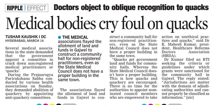 Primary healthcare is neglected intentionally to encourage quacks &amp; quackery in state of Telangana.
Soon HRDA will file a WRIT petition on land allocation to quacks.
