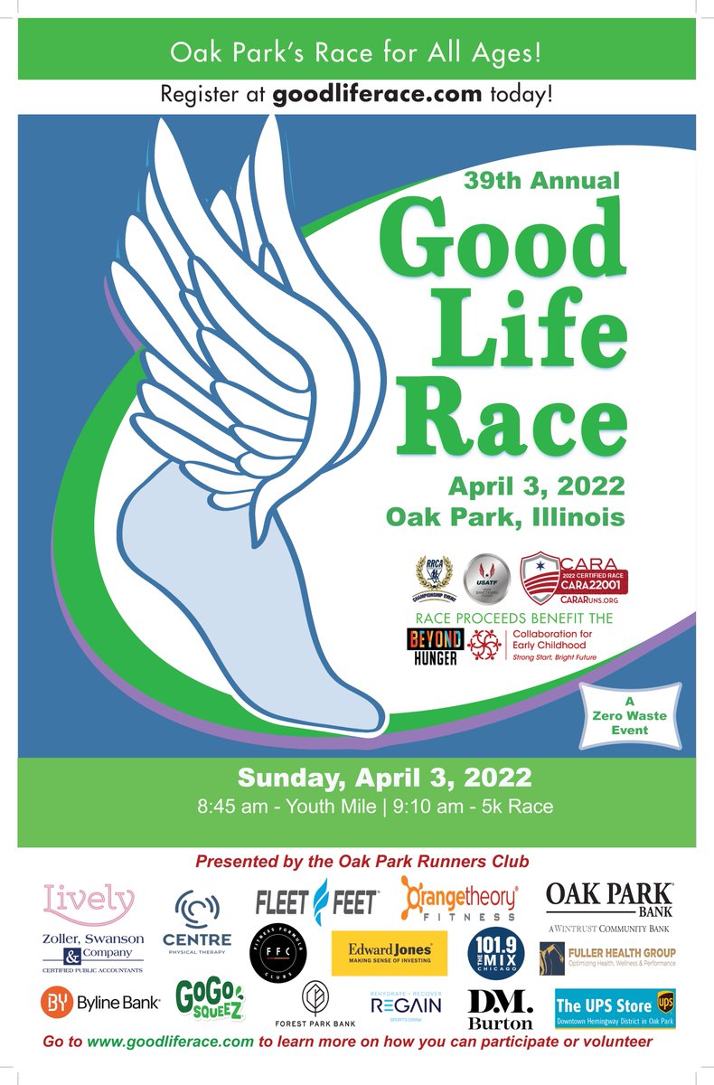 GoodLifeRace's tweet photo. We're back! The 2022 Good Life Race will be held on April 3, 2022. 

Prices go up this Wednesday, so don't delay in signing up for one of the Chicagoland area's premier 5Ks! https://t.co/gEYXEFiXHR