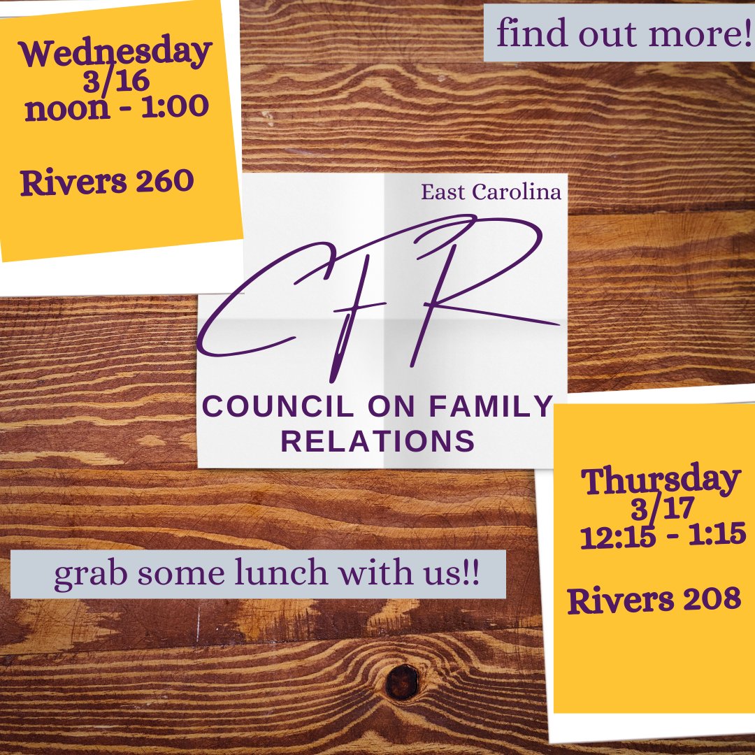 Join us this week on either Wed or Thur to learn more about the Council on Family Relations student org! Stop in or stay awhile.