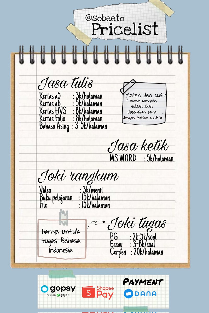 sobeenzz's tweet photo. —JOKI TUGAS—

✓ Tulis tangan, MS Word
✓ Tugas Bahasa Indonesia
✓ Cerpen, PG, rangkum

Fastresp on wa: https://t.co/XlBWwAOapj

#jokitugas #jasatulis #jokitulis https://t.co/sjvMJCpPG8