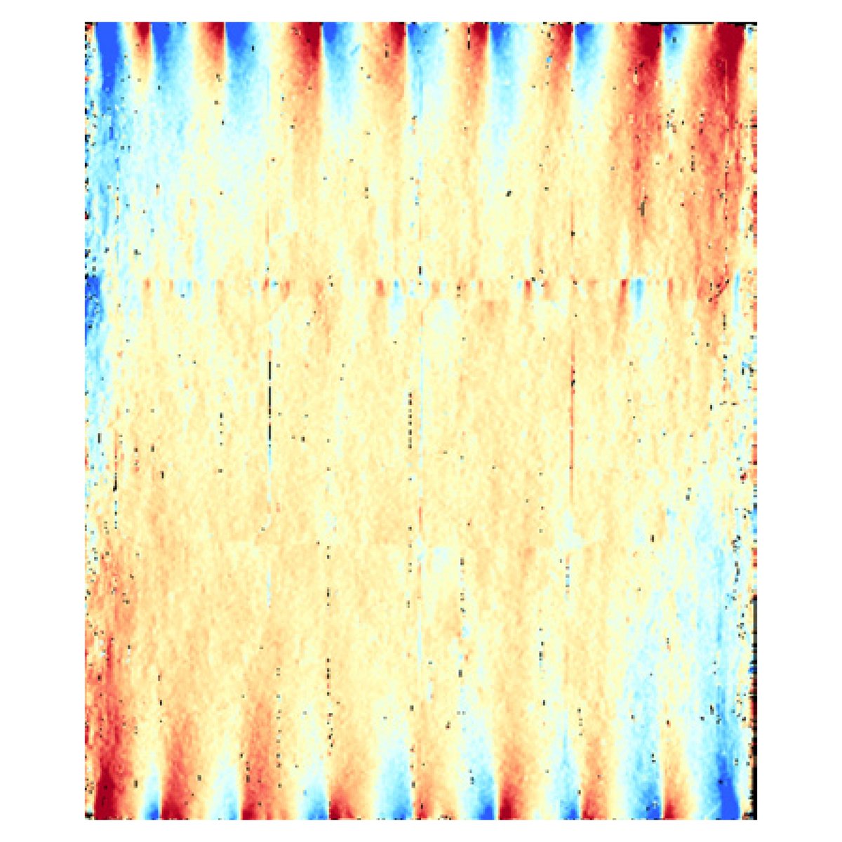 ArtmattersJ's tweet photo. Here you see the weft angle map of Johannes Vermeer's 𝘛𝘩𝘦 𝘈𝘳𝘵 𝘰𝘧 𝘗𝘢𝘪𝘯𝘵𝘪𝘯𝘨 (1666-68). At about a third from the top, there is a distinct wavy band of threads, called a weft snake. Its presence allows for the identification of the weft direction of the canvas! https://t.co/YYFLwwjWYT
