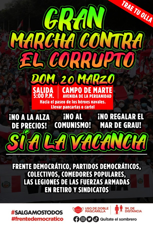 FDemocraciaPeru's tweet photo. EL FORO DEMOCRACIA PERÚ INTERNACIONAL SE UNE A LA GRAN MARCHA NACIONAL CONTRA EL CORRUPTO👊🏼🇵🇪!!

🗓 Domingo Marzo 20.
📍Pre-Concentración: Campo de Marte, Av. la Peruanidad 
Hacia: Paseo de los heroes navales. (4:30pm)

#20m todos a la marcha!!🤍💪🏼 https://t.co/cNl5FNnW8X