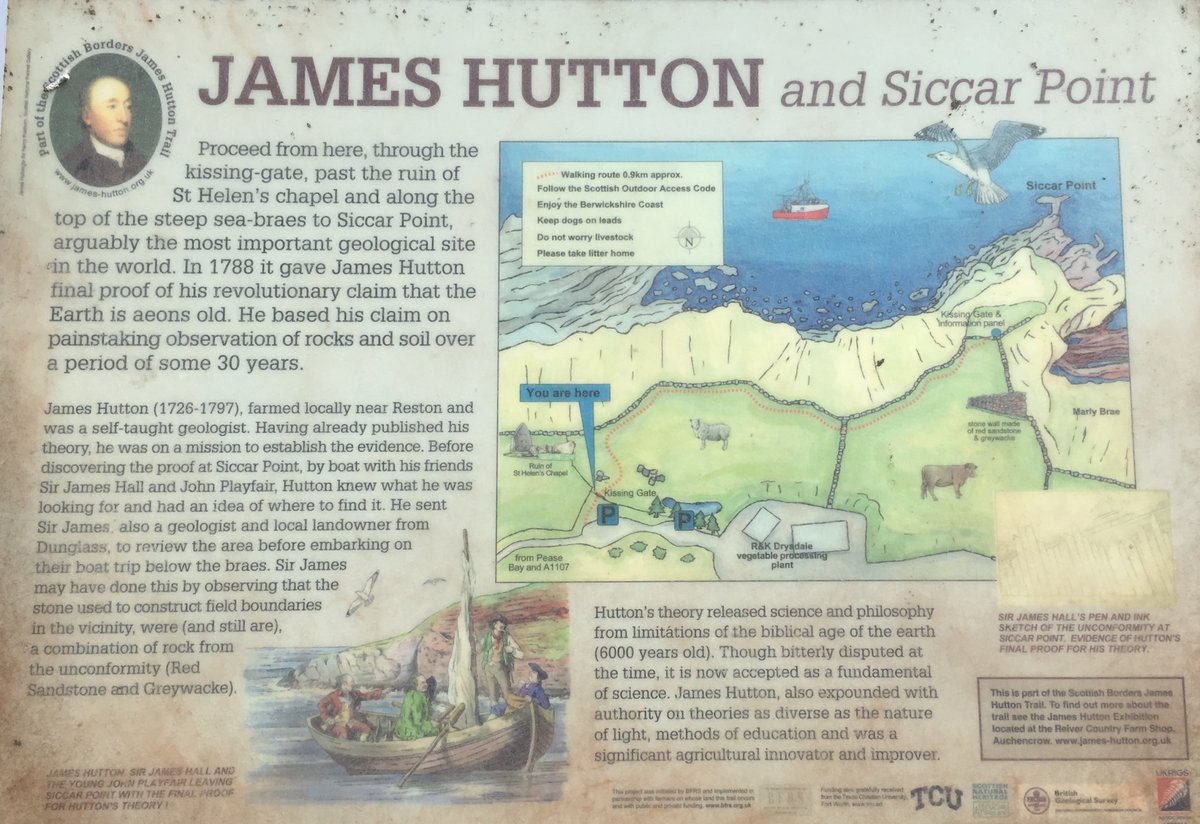batidivulga's tweet photo. 7- #Hutton desembarca en ese lugar, acompañado de #Playfair y James #Hal, en junio de 1788. Se percata entonces de la #discordancia existente entre las capas horizontales de #arenisca roja del #Devónico (arriba en la foto) y las #grauvacas verticales del #Silúrico (abajo). https://t.co/mQBgyki3KW