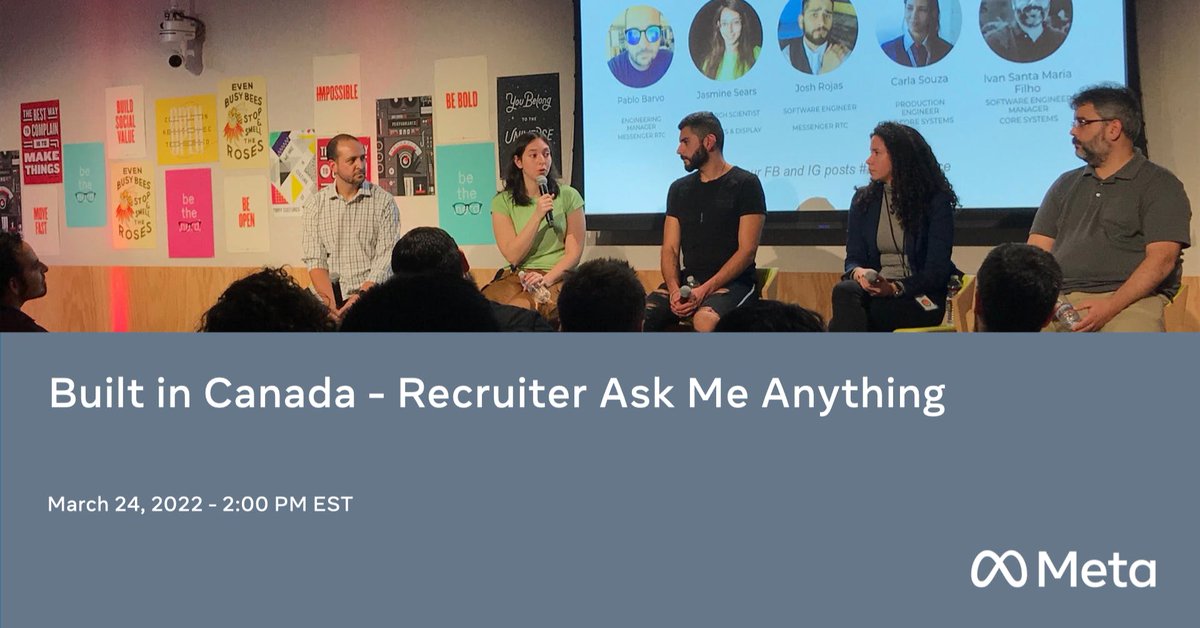 SBDonaghy's tweet photo. Meta in Canada is growing! Join us (virtually) on Thursday, March 24th to hear from Meta's Canada Recruiting panel. They will share team insights, discuss career opportunities, and provide a sneak peak on how our teams in Toronto are scaling the metaverse. https://t.co/04zbkJVtSh https://t.co/B5YbFx6ikF