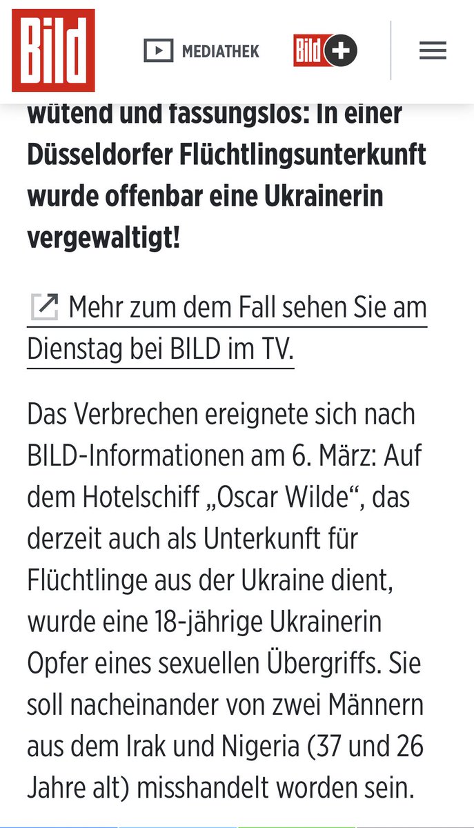 Based_Germany's tweet photo. March 6: An 18-year-old Ukrainian woman was sexually assaulted on the hotel ship “Oscar Wilde”, which currently also serves as accommodation for refugees from Ukraine. She is said to have been abused by two men from Iraq and Nigeria (37 and 26 years old) one after the other. https://t.co/NGNCTZK7Dj