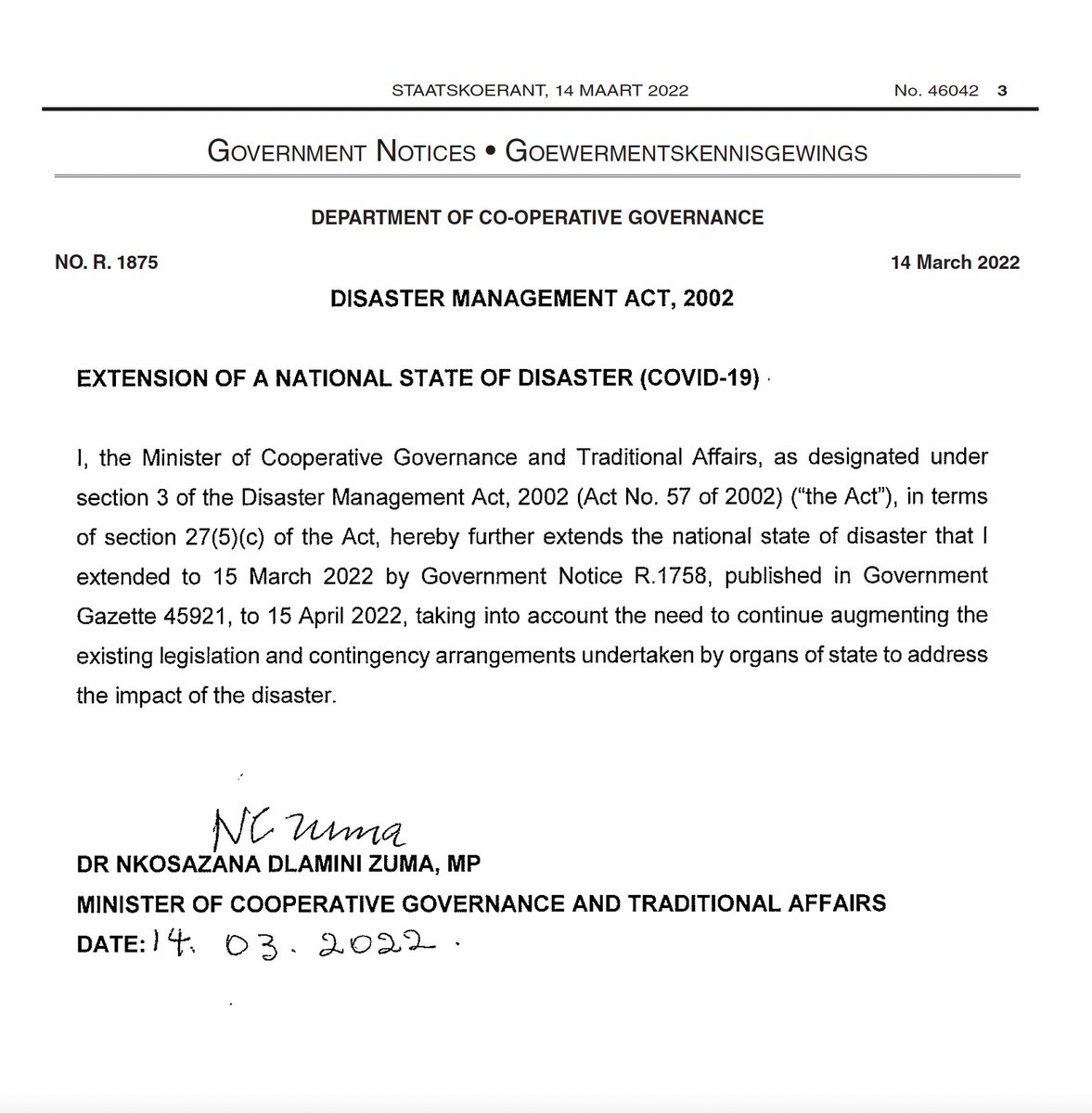 NationalCoGTA's tweet photo. Disaster Management Act, 2002 (Act No 57 of 2002): Extension of a National State of Disaster #COVID19 https://t.co/0zawptXIEs