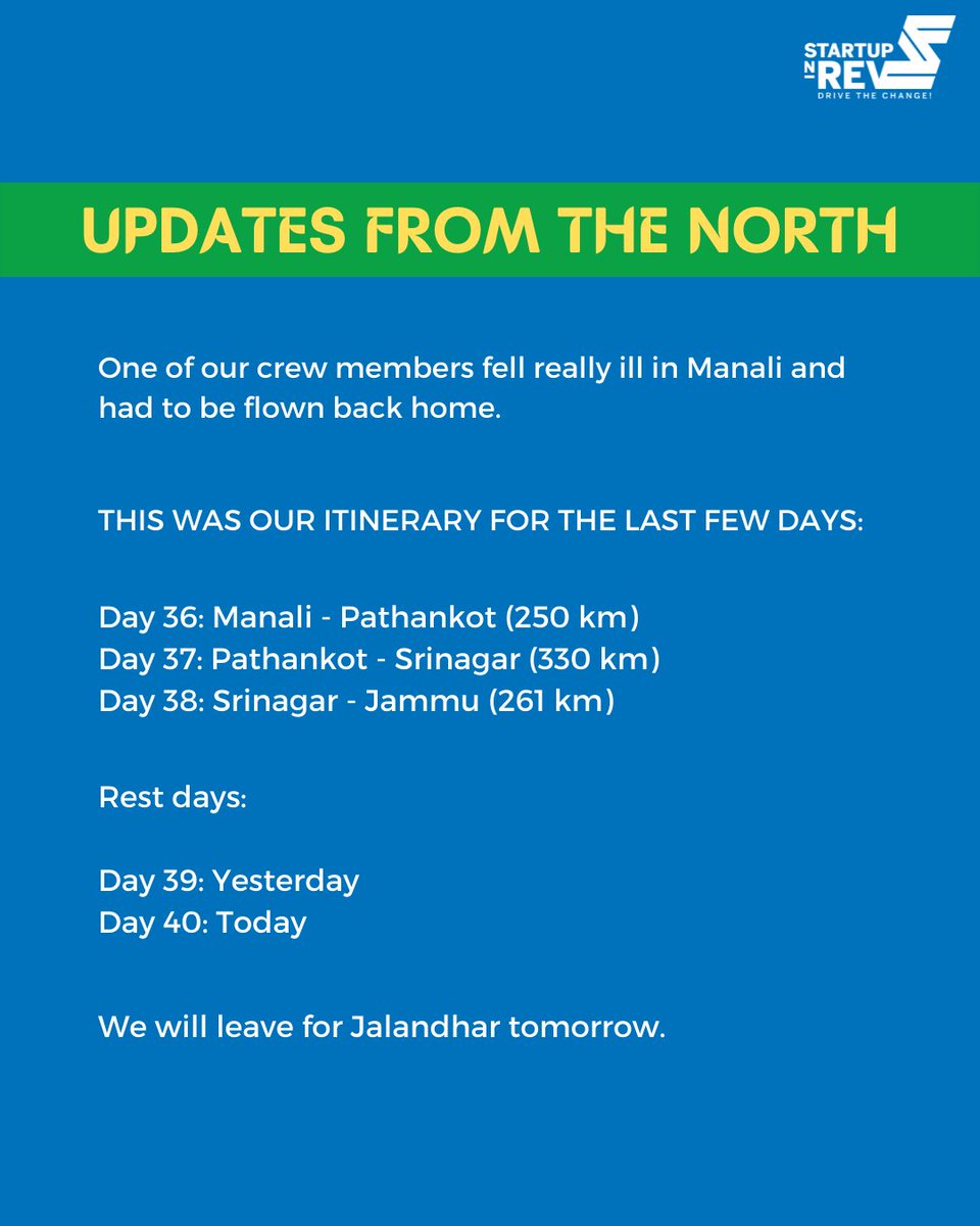 The show must go on.

#startupnrev #drivethechange #bharatmalaride #electricbharatmala #evstartups #indianstartups #roadsafety #worldrecordattempt #14216kms