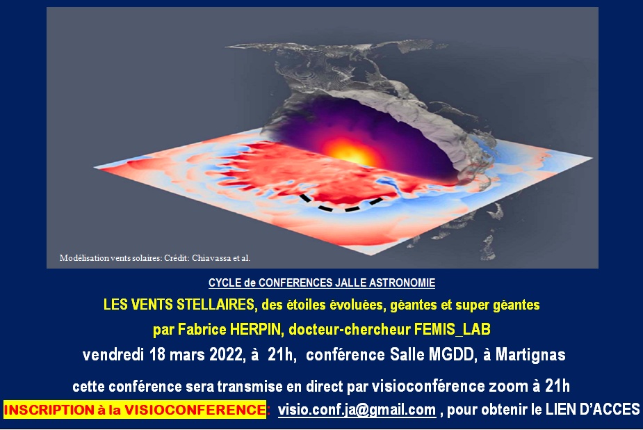 Conférence de Fabrice Herpin vendredi 18 mars à 21h à Martignas sur les étoiles géantes. Organisée par l'association Jalle Astronomie et visible également en visioconférence. jalle-astro.fr/wp/conference-… @OASUnivers @univbordeaux @CNRSAquitaine