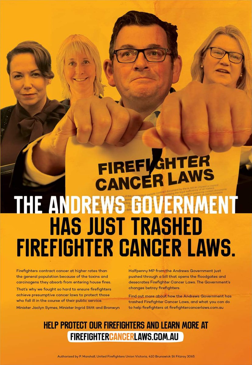 VicFireys's tweet photo. .@DanielAndrewsMP, @JaclynSymes, @IngridStitt and @BronwynHalfpen1 have betrayed ALL firefighters by trashing laws that protect firefighters battling cancer!

PLEASE VISIT: https://t.co/GqEHoJ9o6x to learn how you can protect those who protect you. 

#springst #Auspol https://t.co/xFz2gUzzdI