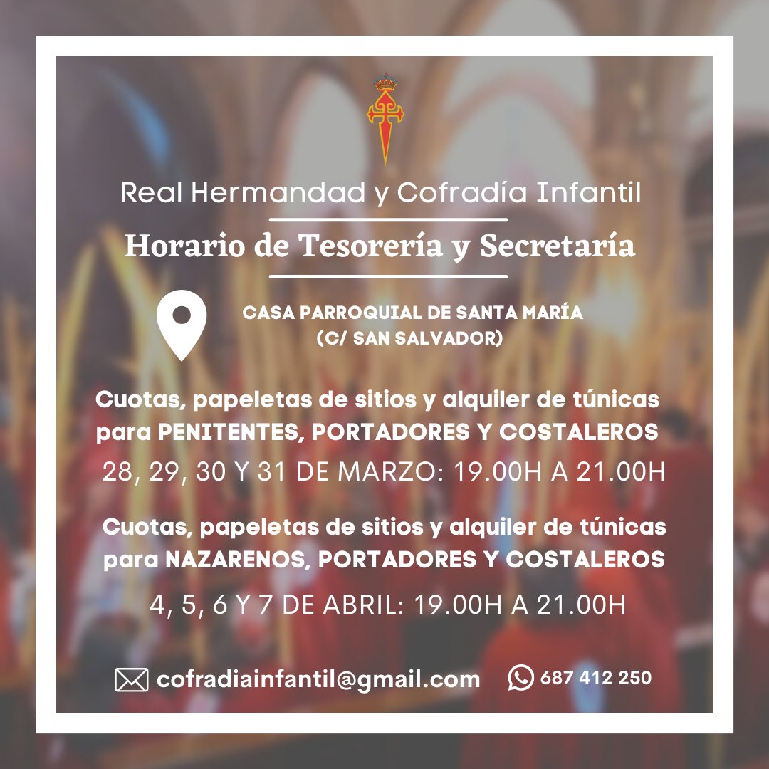 Tesorería y Secretaría |

A partir del lunes, 28 de marzo y de lunes a jueves, estará abierta la oficina de Tesorería y Secretaría en la Casa Parroquial de Santa María, en horario de 19.00 a 21.00h.

#75aniversarioinfantiles