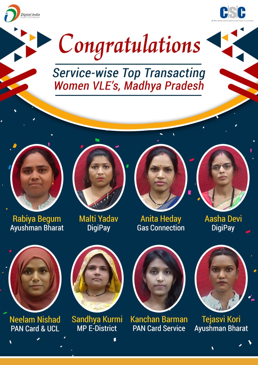 CSCegov_'s tweet photo. Congratulations!!

Service-wise Top Transacting Women VLEs of #MadhyaPradesh...

#CSC #DigitalIndia #WomenEmpowerment #tuesdaymotivations #TuesdayVibes https://t.co/9HfmQQxxX8