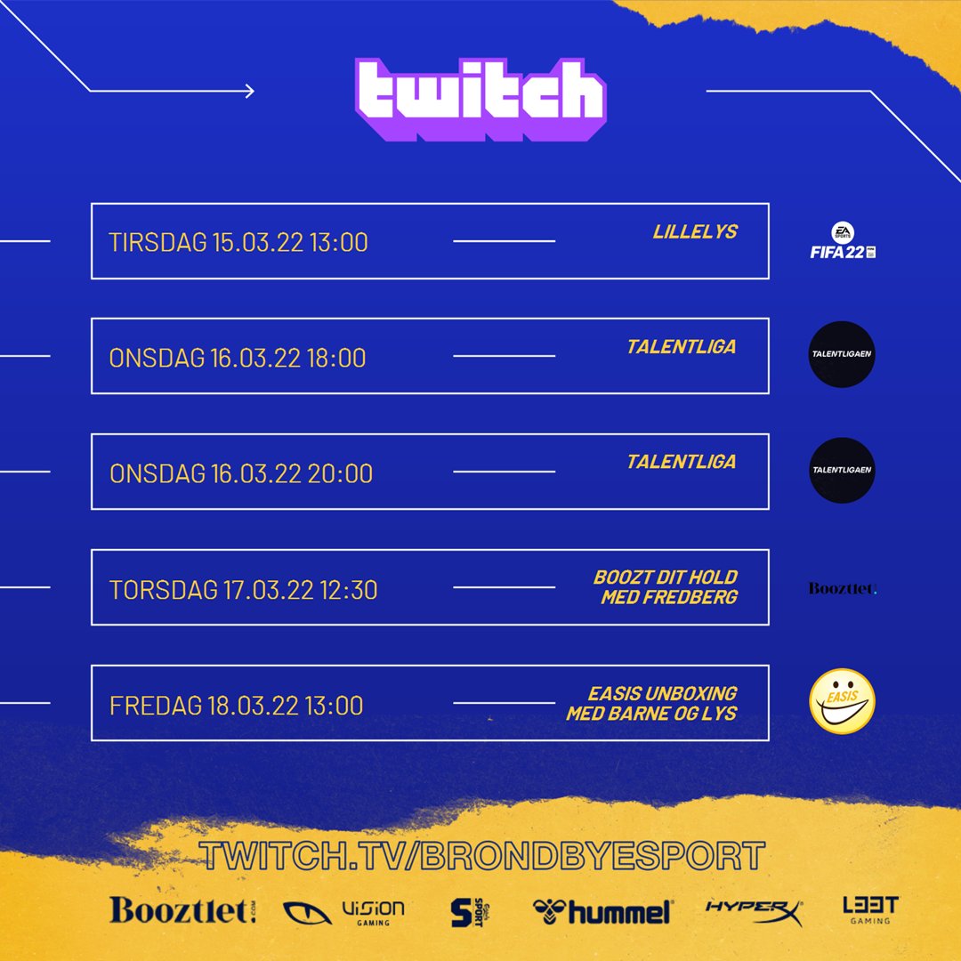 brondbyjunior's tweet photo. Ugens @Twitch-program
Endnu en uge fyldt med lækker content 🥳
Den står både på stream fra @MLillelys, Boozt dit hold med @FIFA_Fredberg, kampe i @talentligaen samt unboxing af produkter fra #Easis 😋
👉 https://t.co/1dPbZs5nHy
#brøndbyesport https://t.co/UJNZ9XeQQi