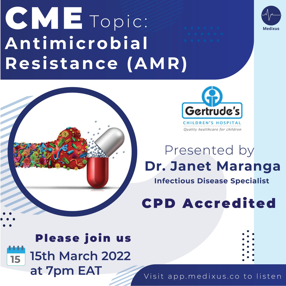 🔥🔥🔥 Join us in-app at 7pm EAT today to hear from Dr. Janet Maranga from @GetrudesHosp as she explores ''Antimicrobial Resistance'' 
  
Don't miss out! #CPDAccredited 
app.medixus.co
#wearemedixus #paeds #AMR #amr #infectiousdisease