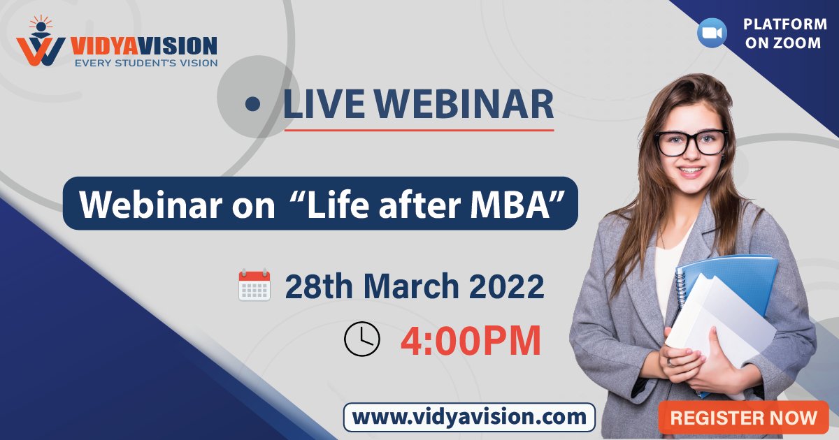 vidyavision_com's tweet photo. https://t.co/AEfYEUw5zZ presents a free #webinar on "Life After #MBA".
#Webinar Date: March 28, 2022 @ 4 PM.
Register Now: https://t.co/1nlN1r5MPJ
#LifeAfterMBA #webinar #Vidyavision https://t.co/0Ge6pOyith