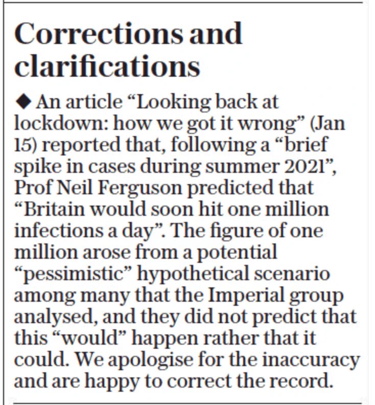 Telegraph 'Corrections and clarifications' column, reading: An article "Looking back at lockdown: how we got it wrong" (Jan 15) reported that, following a ‘brief spike in cases during summer 2021’ Prof Neil Ferguson predicted that ‘Britain would soon hit one million infections a day'. The figure of one million arose from a potential ‘pessimistic’ hypothetical scenario among many that the Imperial group analysed, and they did not predict that this ‘would’ happen rather that it could. We apologise for the inaccuracy and are happy to correct the record.