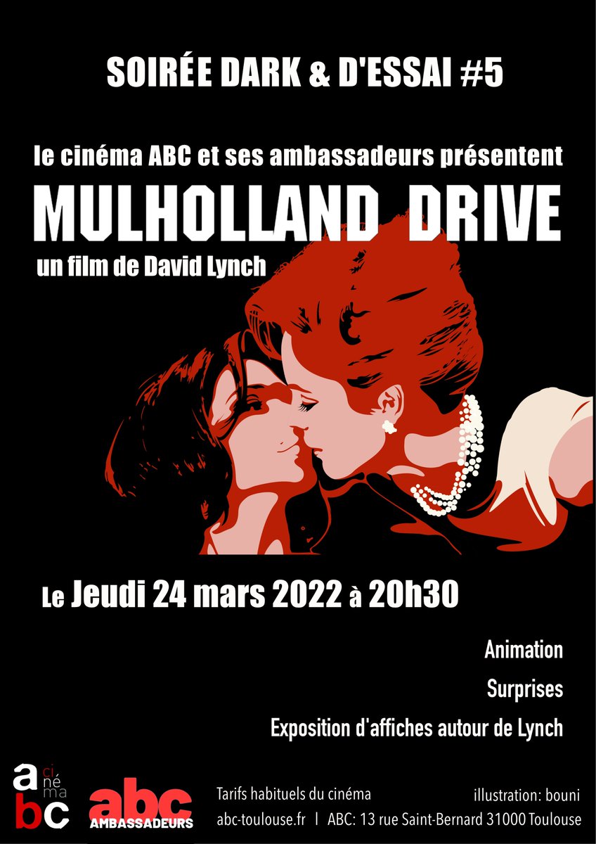 Vous aimez le cinéma ? Les élèves ambassadeurs de l'ABC vous proposent une soirée thématique autour de Lynch le jeudi 24 mars.
#davidlynch #cinemaABC #ambassadeurABC #cinema #mulhollanddrive