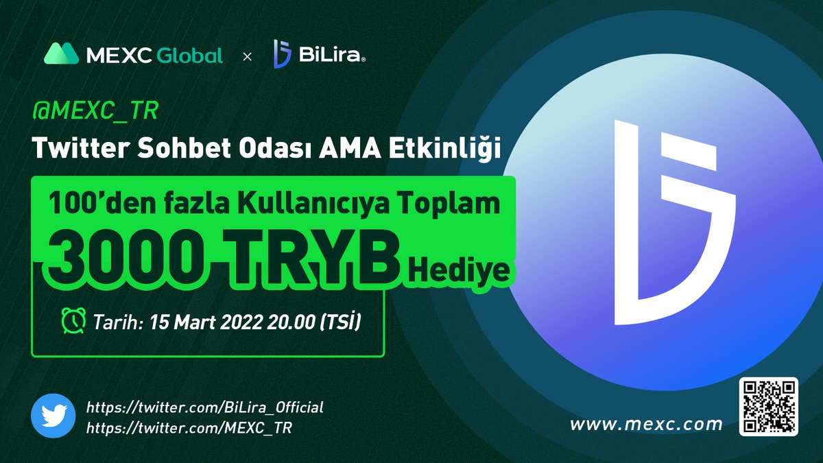 MEXC_Topluluk's tweet photo. 🎙 #MEXC Türkiye - #BiLira Twitter Sesli AMA Etkinliği 🎙

🎁 100+ Kişiye 3000 $TRYB 🎁

✅ @MEXC_TR ve @BiLira_Official Takip Et
✅ 5 Kişi Etiketle
✅ Katıl: https://t.co/BxaH4lkqHe
✅ Katıl: https://t.co/g35zvuoyzx
✅ Bu Tweet'i Retweetle

📌Katılım: https://t.co/3ZiVXvQApW https://t.co/oEcbCV76nt