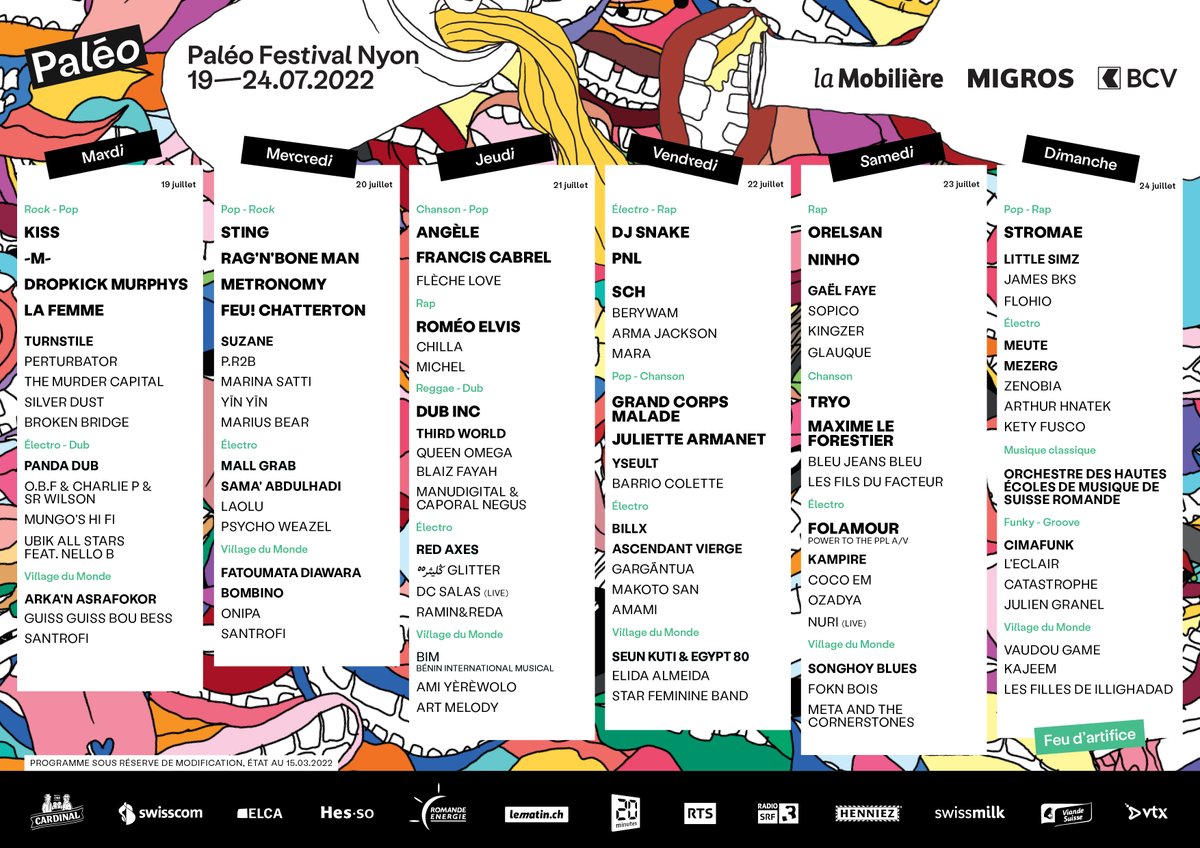 PaleoFestival's tweet photo. 🔥 Découvrez la prog complète de Paléo 🔥 
2000 billets par soir seront remis en vente le 23 mars à 12h, sur https://t.co/rdKizYzSwr uniquement! 
#Paleo2022 #PaleoFestival https://t.co/HVb4mmaxXn