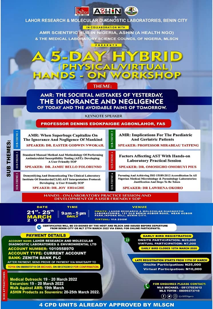 ASHI_Nigeria's tweet photo. In the light of this, we at AMR Scientific Hub in Nigeria will be holding a conference on the 21st to 25th of this month which is 6 days from now🥳
We started the countdown already so you know time is fleeting.
You can still register now before it's too late
#countdown
#6daystogo https://t.co/qBt1XFT163
