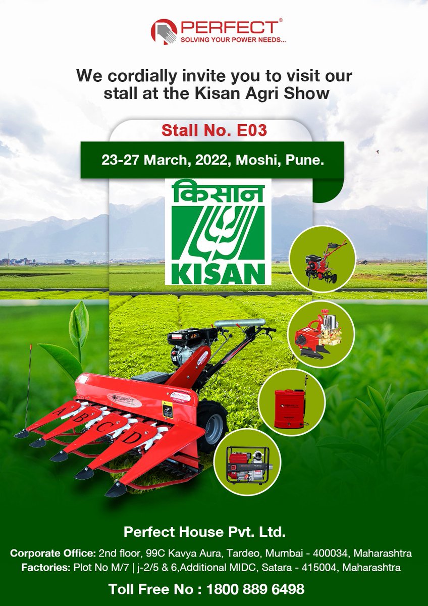 Perfecthouseltd's tweet photo. Perfect House is going to showcase its agriculture equipment range at the Kisan Agri Show at Moshi, Pune. Come visit us at Stall No. E03 anytime between 23-27 March, 9am to 5pm.
Visit us on: https://t.co/8t6iVt7gyI
#perfecthouse #perfect #phpl #perfectagriculture #agrishow https://t.co/iKGPSRVJrR