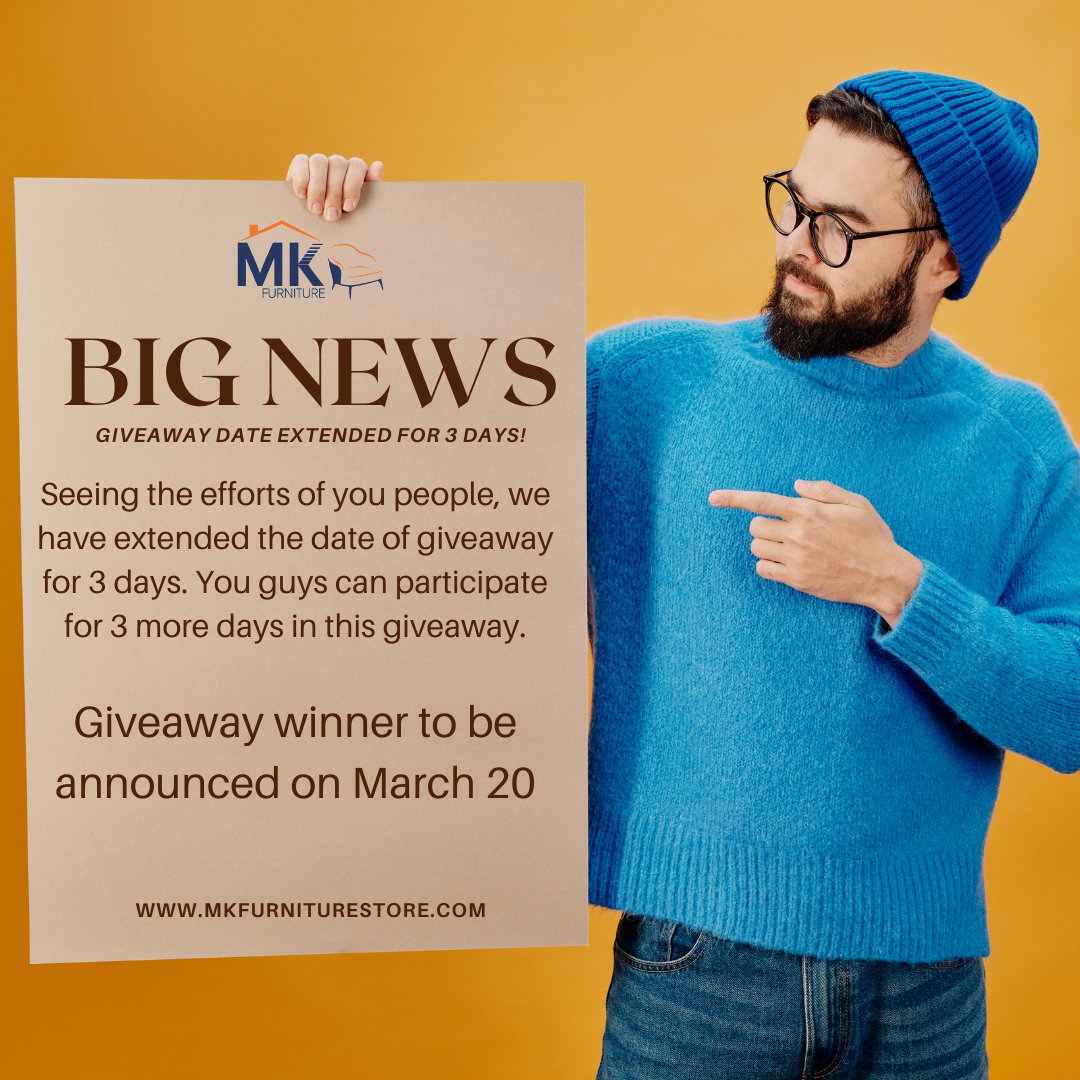 MkFurniture01's tweet photo. Giveaway winner to be announced on March 20!
Seeing the efforts of you people, we have extended the date of giveaway for 3 days. You guys can participate for 3 more days in this giveaway.
https://t.co/aU6vRoiHtc
#giveaway  #giveawaycontest #GiveawayAlert  #holi2022 #mkfurniture https://t.co/IadtGc61g1
