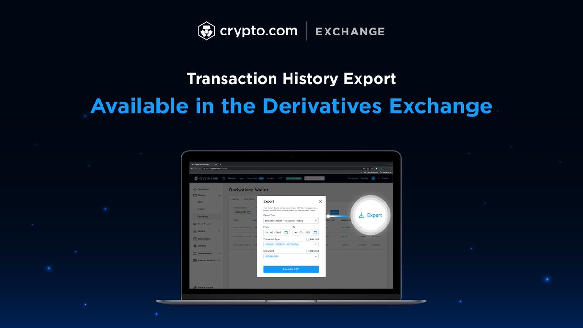 Derivatives traders, you can now export your transaction history on the Crypto.com Exchange as a CSV file 🗂️
 
Download:
📅 Up to six months of data
💱 Trade and order history
💰 Fund movements and position settlements
 
Try It Now 👉 crypto-exchange.onelink.me/E54m/cf49e53