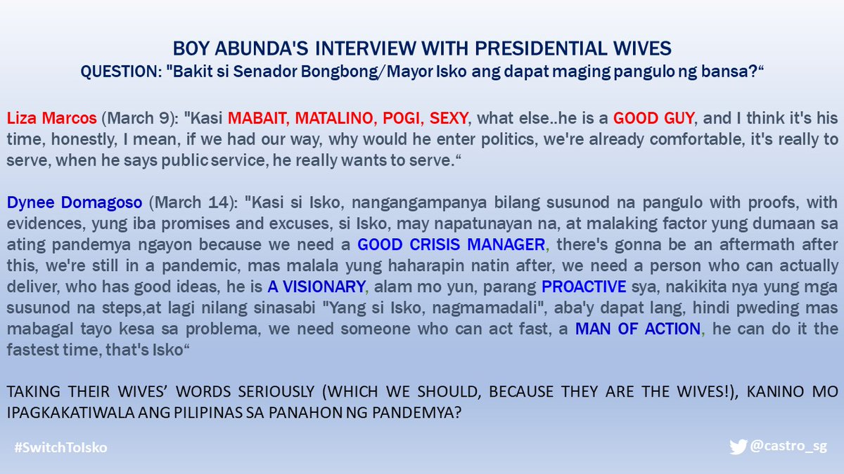 castro_sg's tweet photo. Boy Abunda's interview with presidential wives.
#IskoIsDyOne
#SwitchToIsko
#KayIskoPosible
#NeverAgain
#PHVote #WeDecide https://t.co/XkQTUPp6Ax