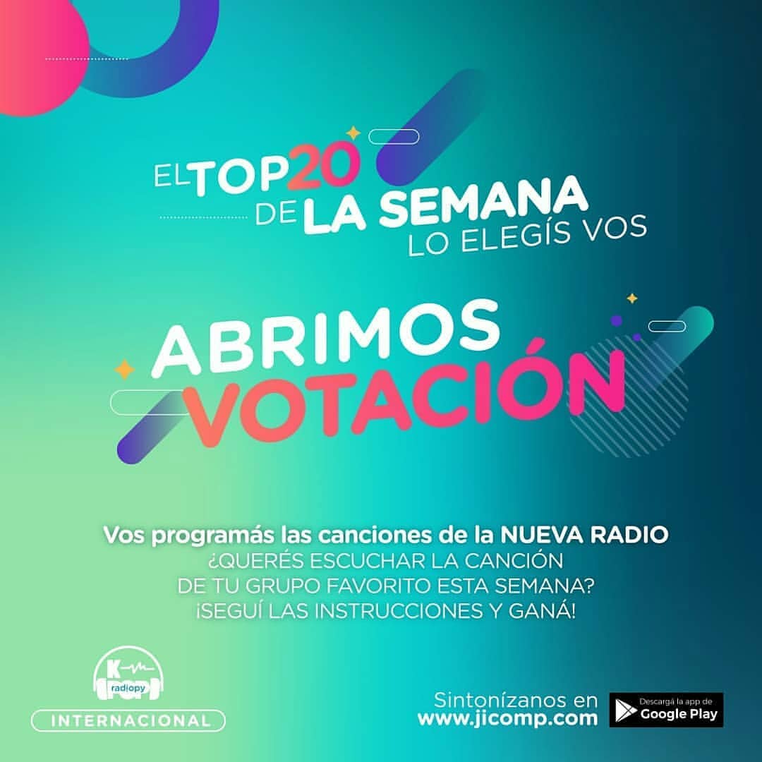kpopradiopy's tweet photo. 📡Votación Top20📲
*KPOP RADIO INTERNACIONAL*
🎧Aquí escucharás a los artistas del momento🤩
Vos programás las canciones de este fin de Semana 🥳
Te contamos cómo hacerlo 👇🏽
《Voto por "La canción" + #.grupo/artista + @.Delgrupo/artista + #KpopRadioPy》
Seguí a @jicomp_ent https://t.co/WlI0bzCjWy