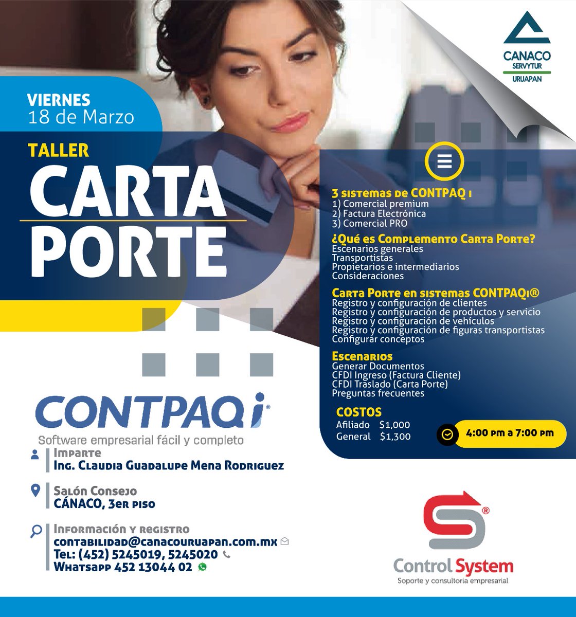 CANACOUruapan's tweet photo. CARTA PORTE 

Imparte: Ing. Claudia Guadalupe Mena Rodríguez.
Fecha: Viernes 18 de Marzo 2022. 
Lugar: Salón Consejo (3er. Piso). 
Hora: 4:00 pm a 7:00 pm.

COSTO: Afiliados $1,000. NO Afiliados: $1,300.

Más info: 
En nuestra oficina ó 
Tel. (452) 52 450 19 y 20.

#CanacoUruapan https://t.co/rTRKkPEARW