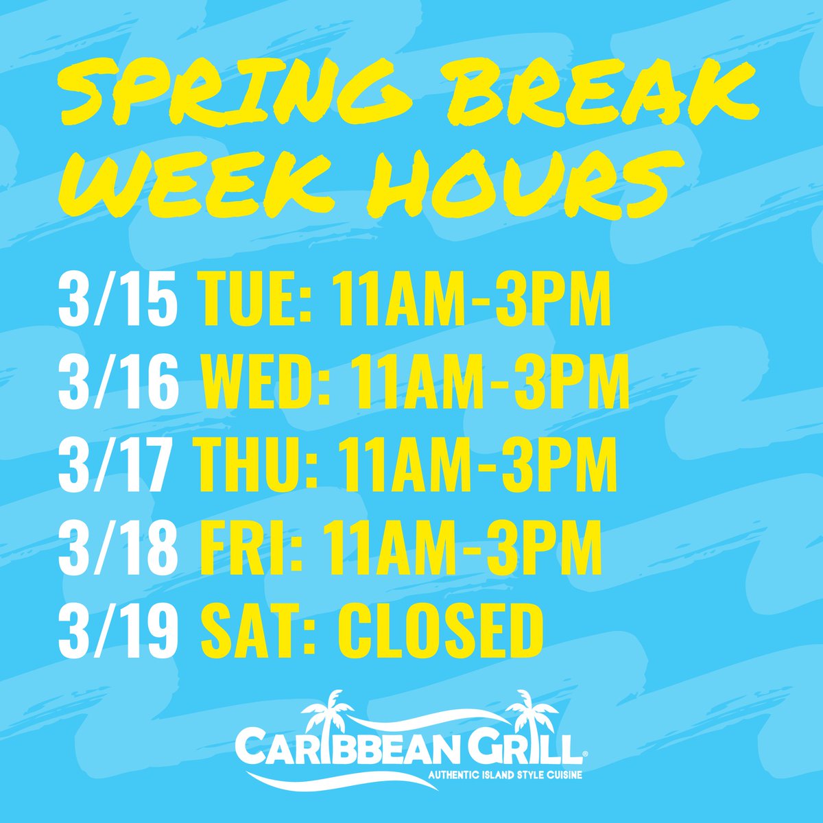 Caribbean_Grill's tweet photo. We'll be open limited hours this week for spring break so be sure to get your CG flavor fix early and often!

• 3/15 Tue: 11am-3pm
• 3/16 Wed: 11am-3pm
• 3/17 Thu: 11am-3pm
• 3/18 Fri: 11am-3pm
• 3/19 Sat: CLOSED https://t.co/vdKWSuOgbI