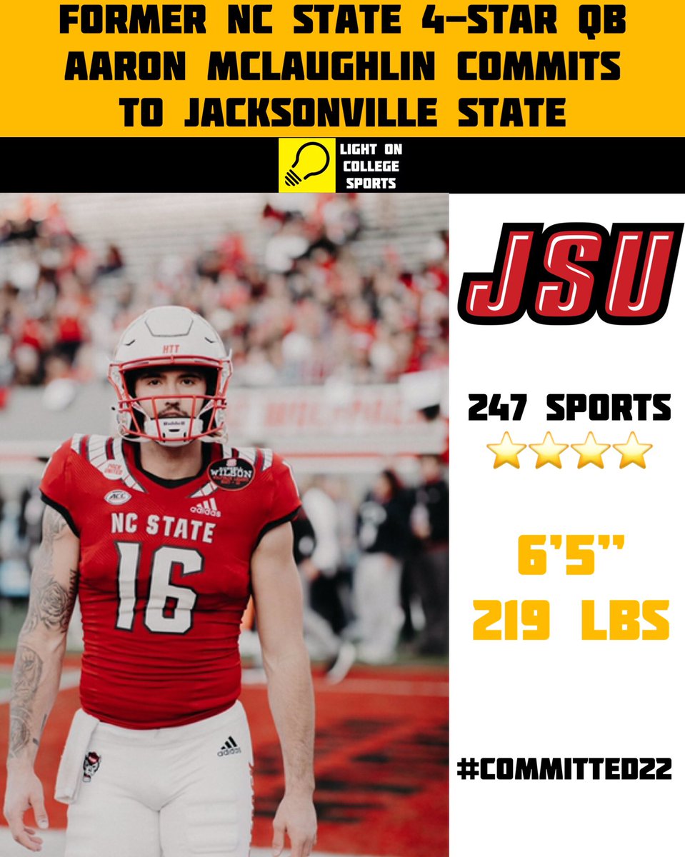 LightOnSports's tweet photo. Former NC State 4-Star Qb Aaron McLaughlin Has Committed To Jacksonville State. #Committed22
(📸: @11_apm) https://t.co/LzKaQQwnvi
