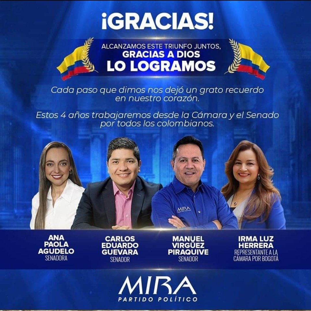 Libeth_cb's tweet photo. Muy orgulloso de este gran logro que Dios nos permite. @PartidoMIRA presente en el #CongresoColombia2022
@AnaPaolaAgudelo @carlos_guevara @Virguez @irmalherrera @irmalherrera
Ustedes son personas con valores y principios. 🇦🇺🇨🇴💙 https://t.co/HzDxBlPHzQ