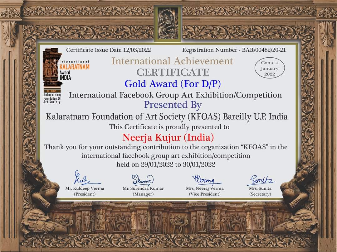 एक और सराहना अंतराष्ट्रीय कलारत्नम अवार्ड ऑफ इंडिया के द्वारा।